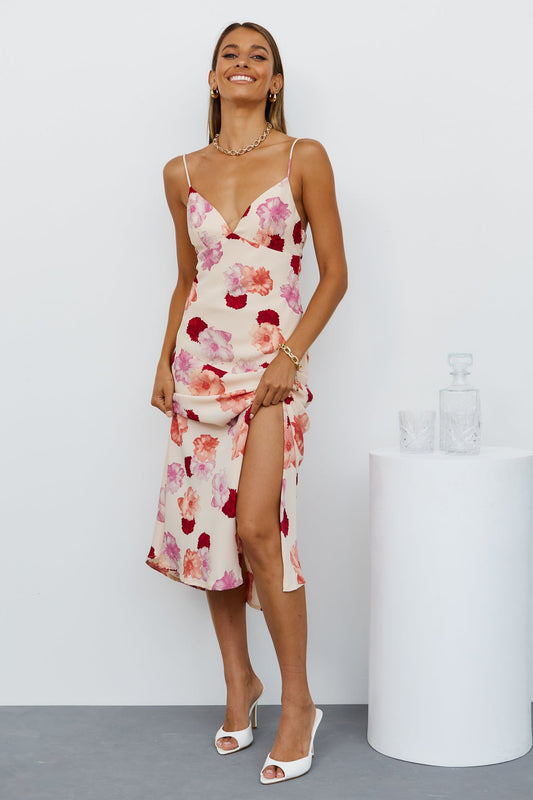 Women Summer French Print V Neck Split Suspender Dress