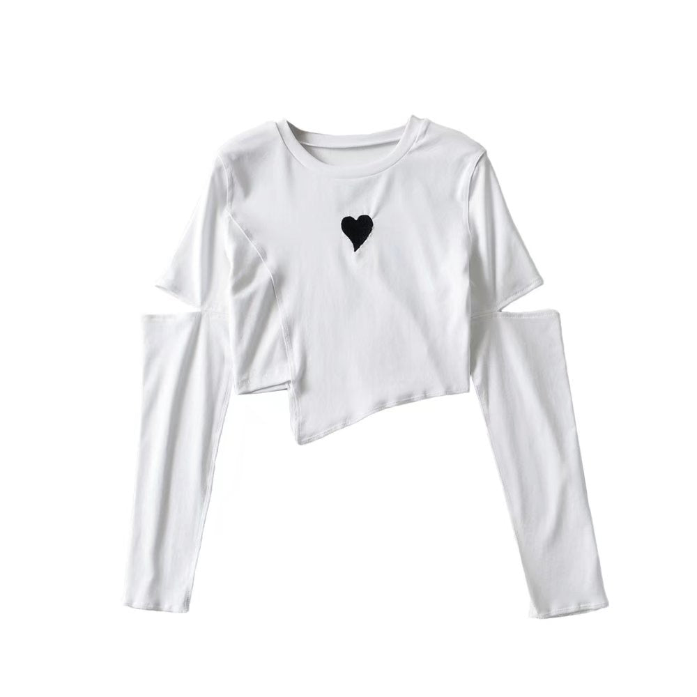 Irregular Asymmetric Long Sleeve T shirt Women Autumn Chest Love Embroidered Slim Cropped Top