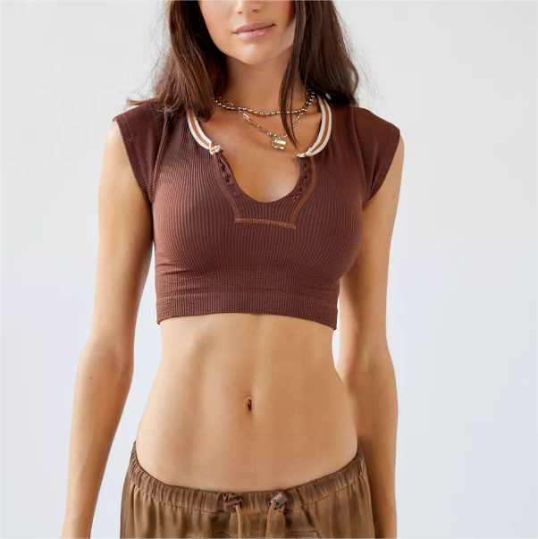 Spring Sexy Crop Top Tight Fitting Brown High Elastic Thread Small Top T shirt for Women