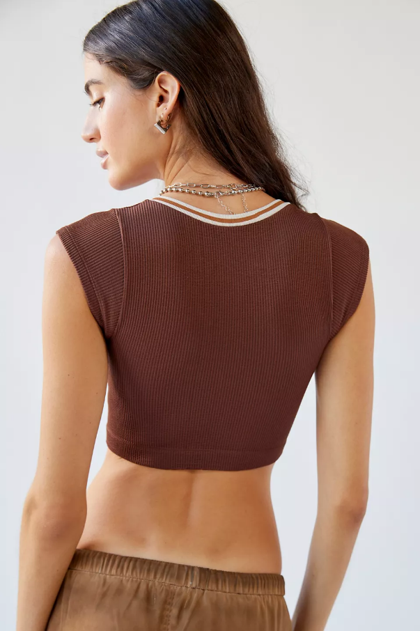 Spring Sexy Crop Top Tight Fitting Brown High Elastic Thread Small Top T shirt for Women