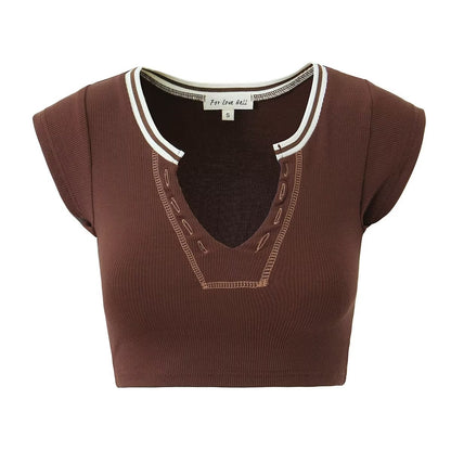 Spring Sexy Crop Top Tight Fitting Brown High Elastic Thread Small Top T shirt for Women