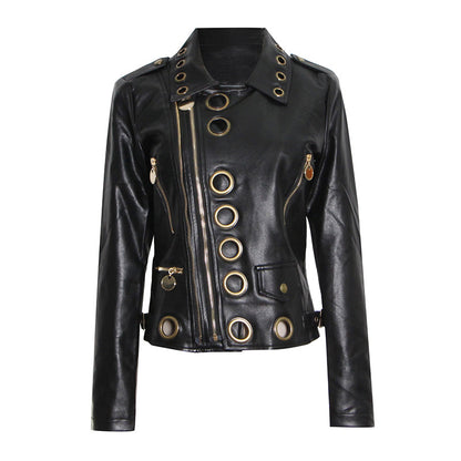 Locomotive Jacket Leather Coat Spring Polo Collar Eyelet Rivet Hollow Out Cutout Slim Jacket