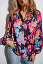 Purple Graffiti Printed V Neck Puff Sleeve Blouse