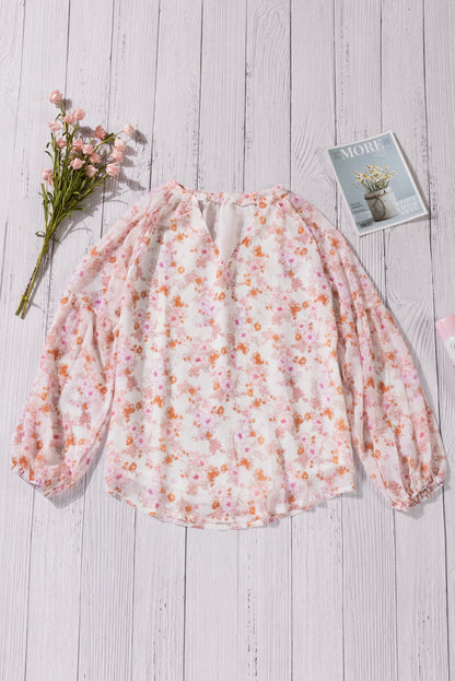 Multicolor Floral Print V Neck Long Puff Sleeve Top