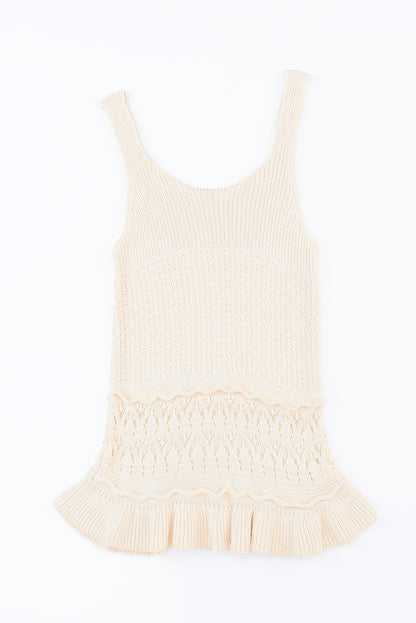 Beige Crochet Casual Ruffle Hem Knitted Tank Top