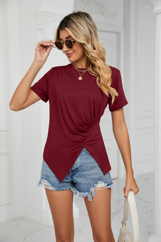 Summer Solid Color Loose Round Neck Pleated Women T Shirt Tops