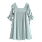 Spring Summer Washed Square Collar Casual Dress Fringed Pleated One Line Collar Medium Dress