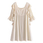 Spring Summer Washed Square Collar Casual Dress Fringed Pleated One Line Collar Medium Dress