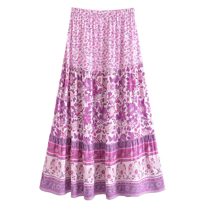 Autumn Casual Women Printed Elastic Waist Loose Maxi Dress Skirt