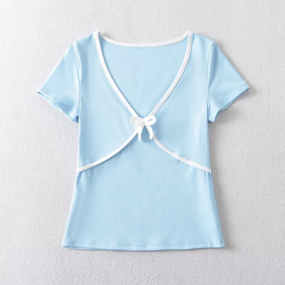 Sweet Cropped T shirt Women Slim Thread Knitted Thin round Neck Bowknot Short Sleeve Top