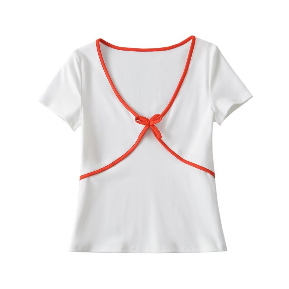 Sweet Cropped T shirt Women Slim Thread Knitted Thin round Neck Bowknot Short Sleeve Top