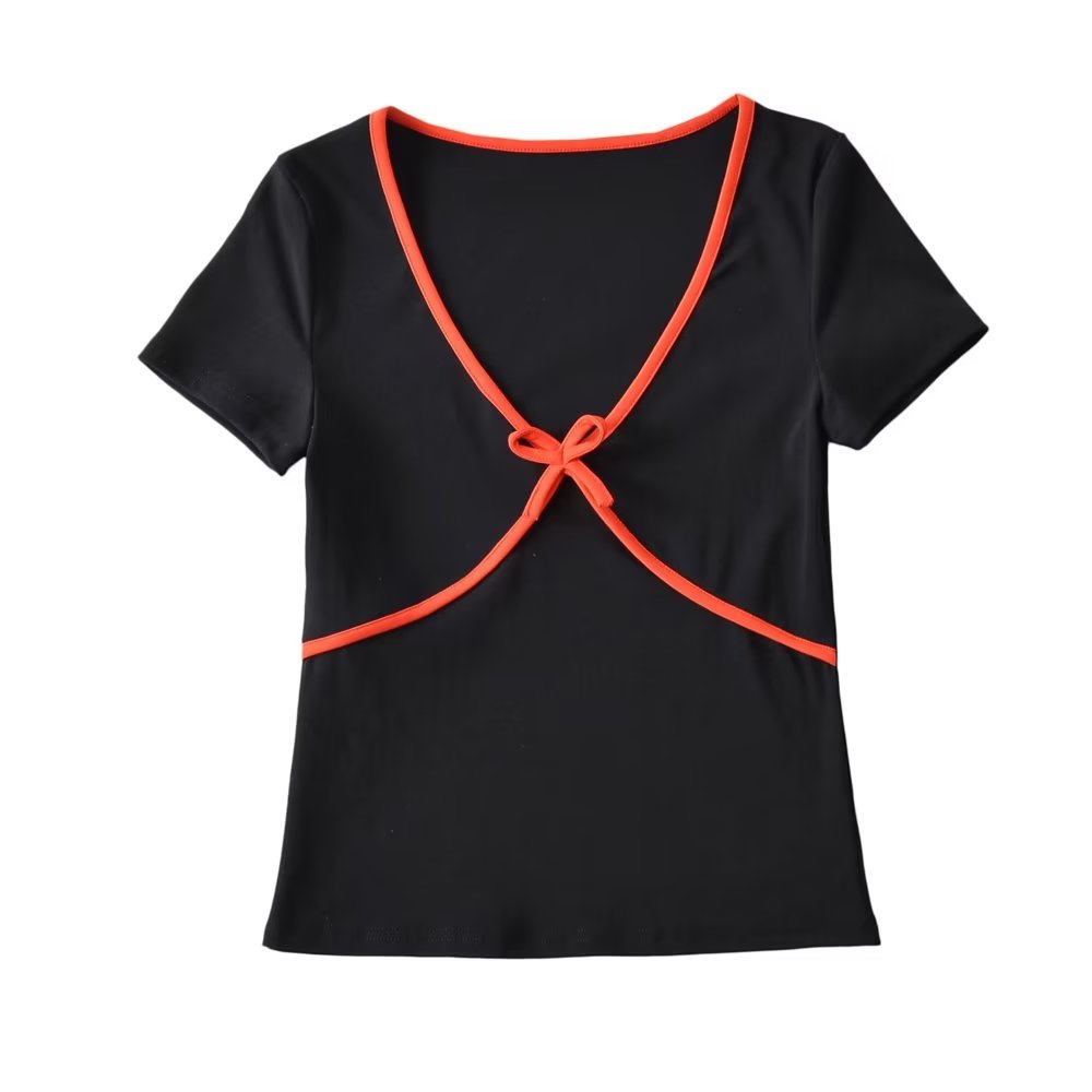 Sweet Cropped T shirt Women Slim Thread Knitted Thin round Neck Bowknot Short Sleeve Top