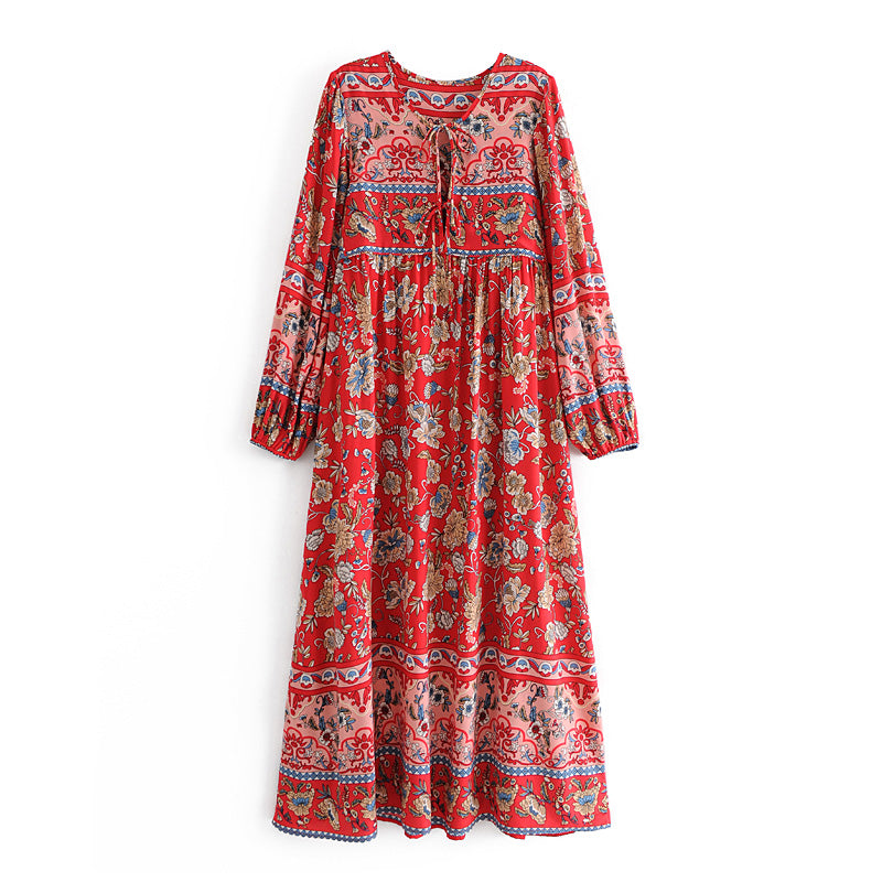 Women Sleeves Dress Printed Waist-Controlled Large Swing