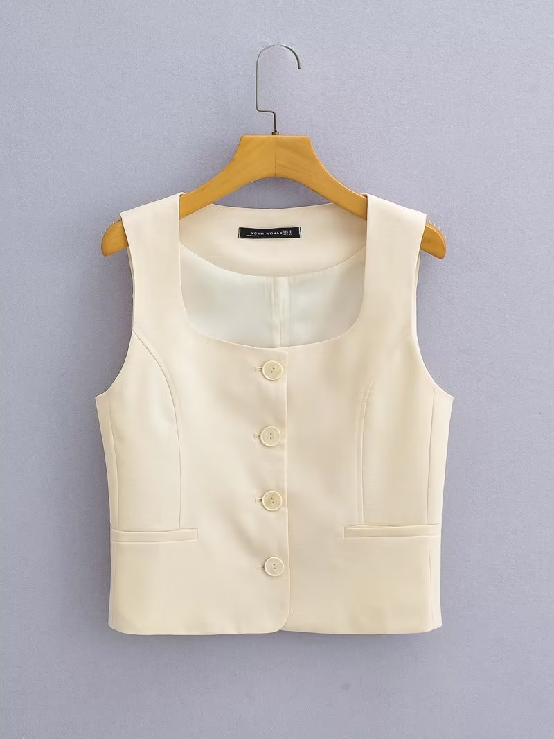 Early Autumn Women Clothing Square Collar Solid Color Single Breasted Sleeveless Waistcoat Vest