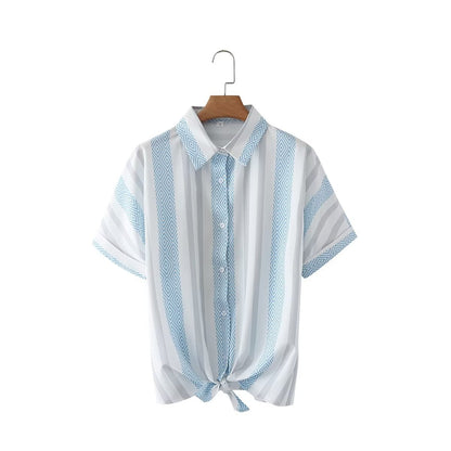Spring Summer Casual Loose Blue White Printed Striped Shirt Top