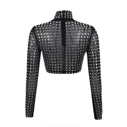 Spring Summer Sexy Show Belly Party Gathering Mesh Diamond Top Long Sleeve Broken Top Women