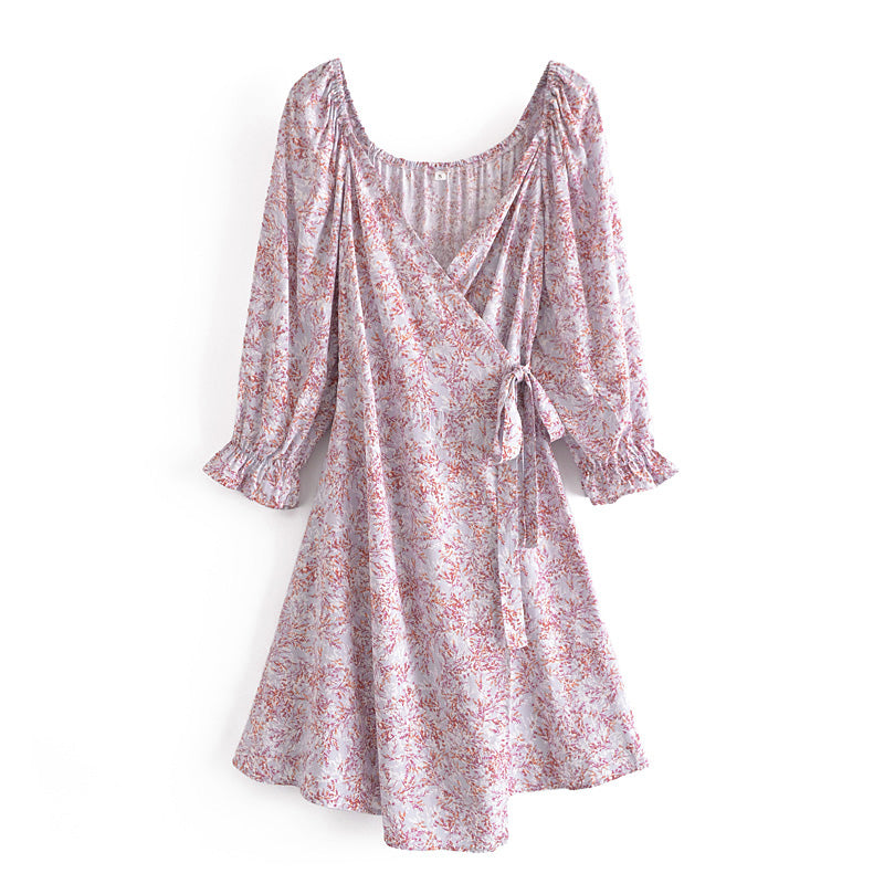 Floral V neck Long Sleeve Dress Women's Spring Autumn Chiffon Dress Niche Tea Break French Dress Boat Neck