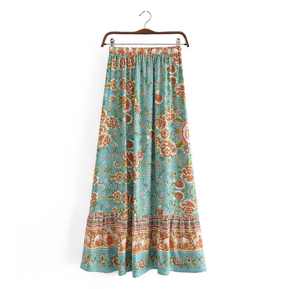 Bohemian Vacation Positioning Printing Tassel Tied Elastic Waist Big Hem Skirt Beach