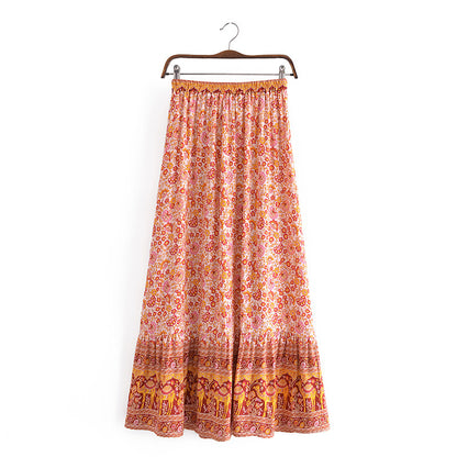 Bohemian Vacation Positioning Printing Tassel Tied Elastic Waist Big Hem Skirt