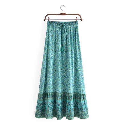 Bohemian Vacation Rayon Positioning Printing Tassel Tied Elastic Waist Big Hem Skirt