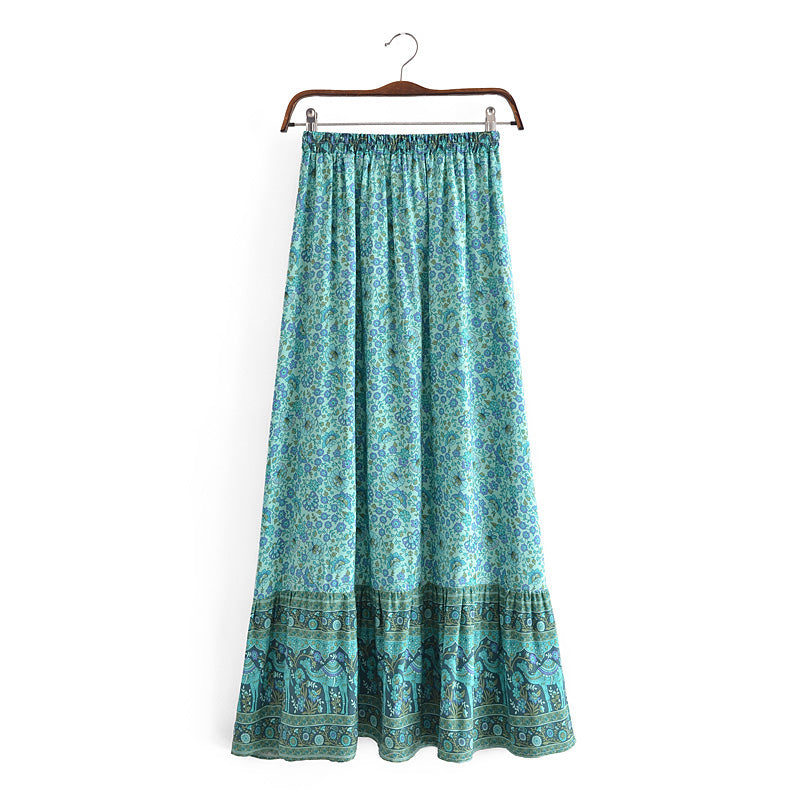 Bohemian Vacation Rayon Positioning Printing Tassel Tied Elastic Waist Big Hem Skirt