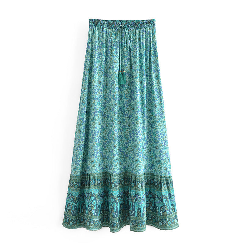 Bohemian Vacation Rayon Positioning Printing Tassel Tied Elastic Waist Big Hem Skirt