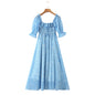 Summer Women Clothing Square Collar Printed Lace Elastic Waisted Short Sleeve Dress Long Dress