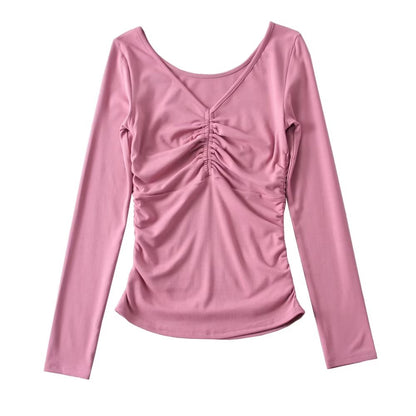 Short Slim Fit Slimming Long Sleeves Bottoming Top Autumn Pleated Design V Neck T Shirt Women