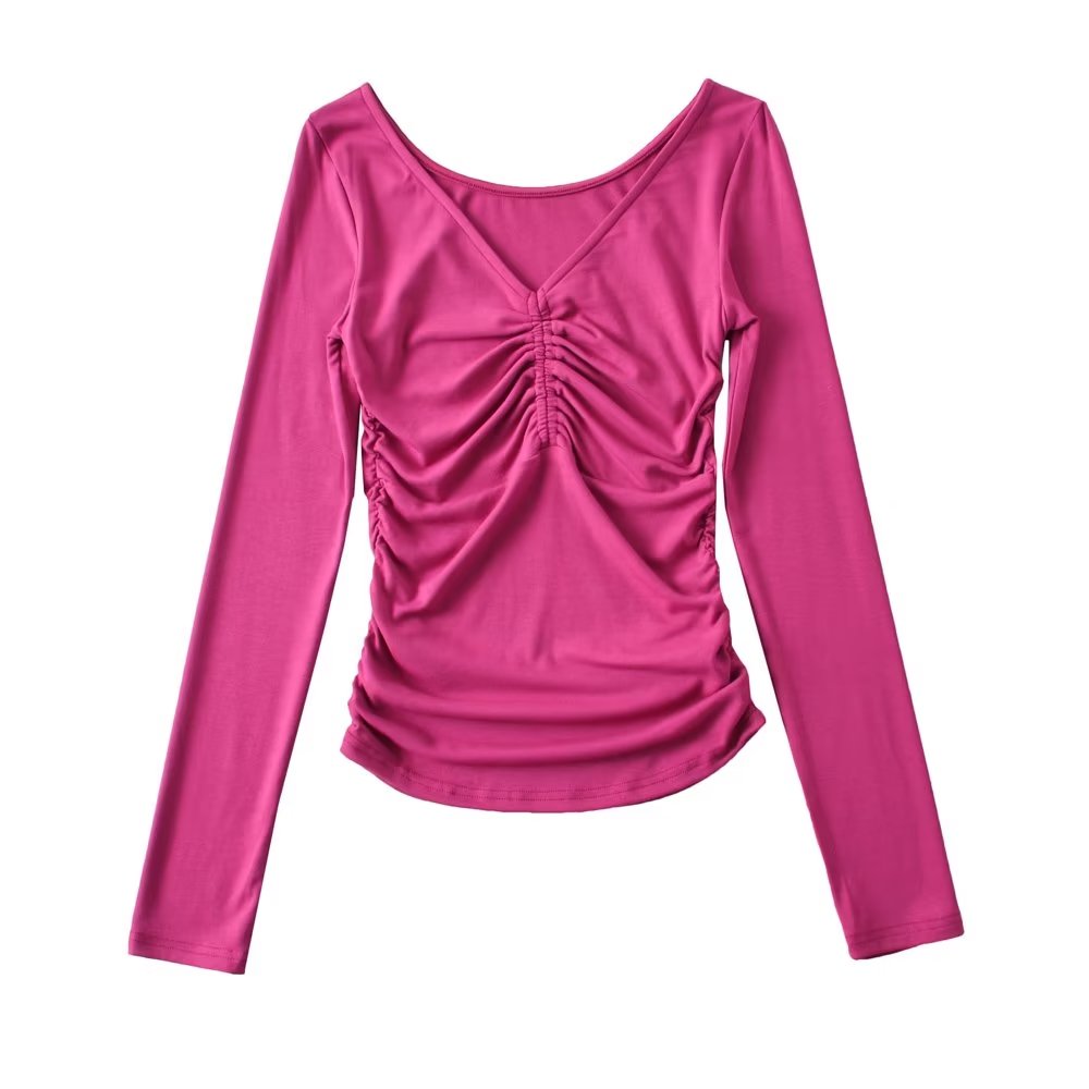 Short Slim Fit Slimming Long Sleeves Bottoming Top Autumn Pleated Design V Neck T Shirt Women