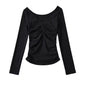 Short Slim Fit Slimming Long Sleeves Bottoming Top Autumn Pleated Design V Neck T Shirt Women