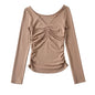 Short Slim Fit Slimming Long Sleeves Bottoming Top Autumn Pleated Design V Neck T Shirt Women