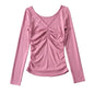 Short Slim Fit Slimming Long Sleeves Bottoming Top Autumn Pleated Design V Neck T Shirt Women