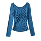 Short Slim Fit Slimming Long Sleeves Bottoming Top Autumn Pleated Design V Neck T Shirt Women