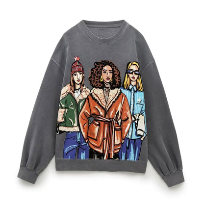 Women Clothing Girl Print Sweater Long Sleeve Top