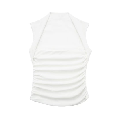 Spring Halter Sleeveless Trim Slim Pleated White Top