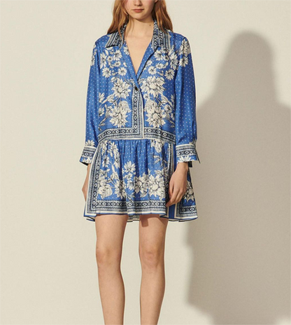 Retro Blue White Printed Lantern Long Sleeve Dress Spring Summer Women Clothing