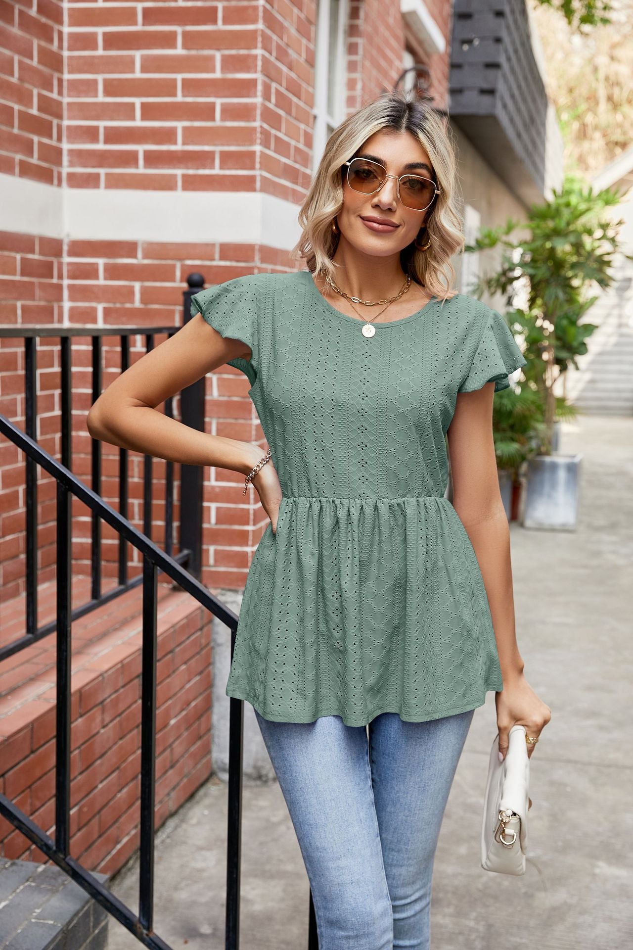 Summer Pullover Hollow Out Loose Ruffled Sleeve T shirt Women