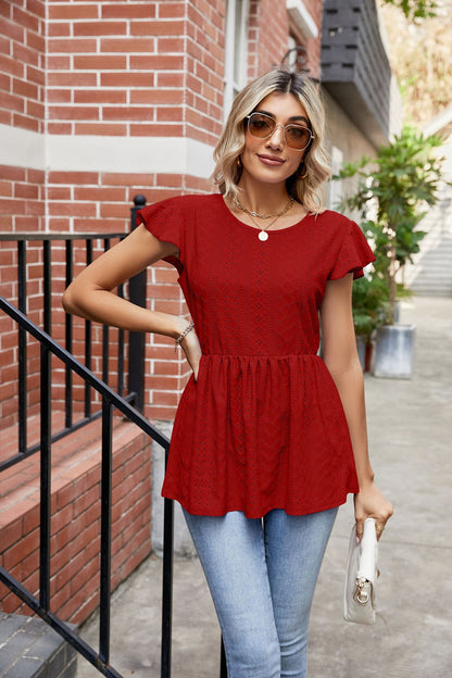 Summer Pullover Hollow Out Loose Ruffled Sleeve T shirt Women