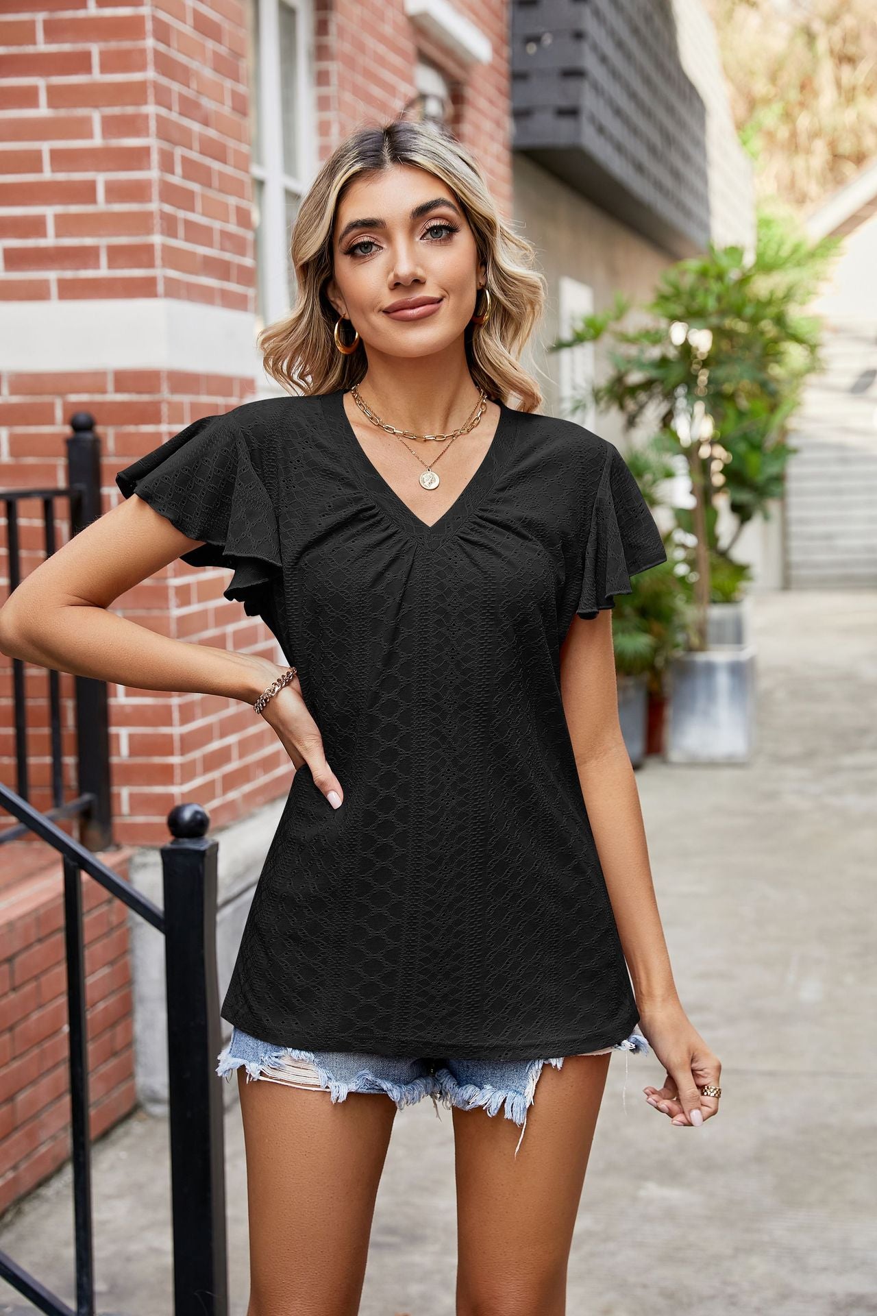 Summer Solid Color Double Sleeve V neck Loose Short Sleeve T shirt Top Women