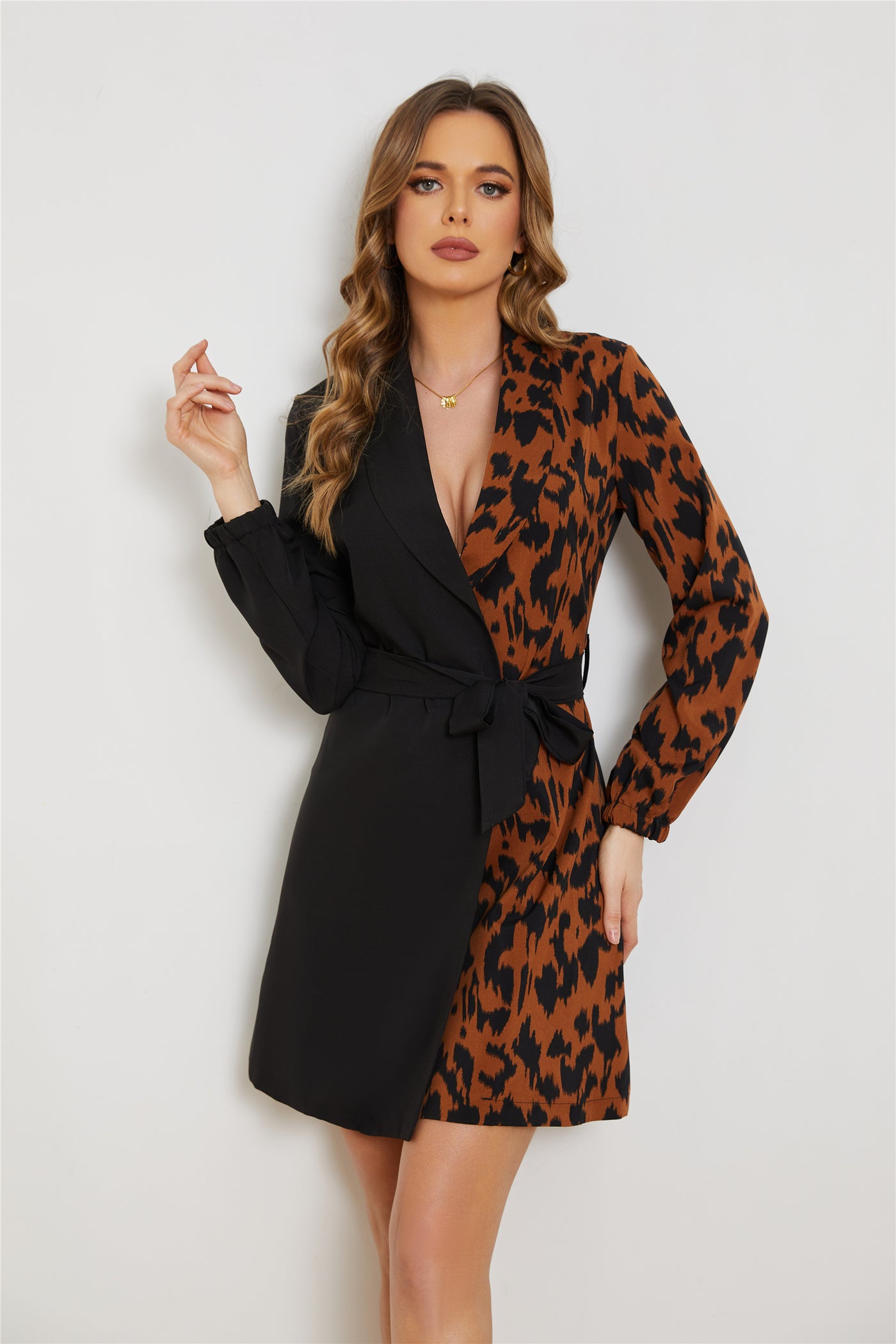 Daily Elegant Women Long Sleeve Leopard Print Stitching Shirt Dress