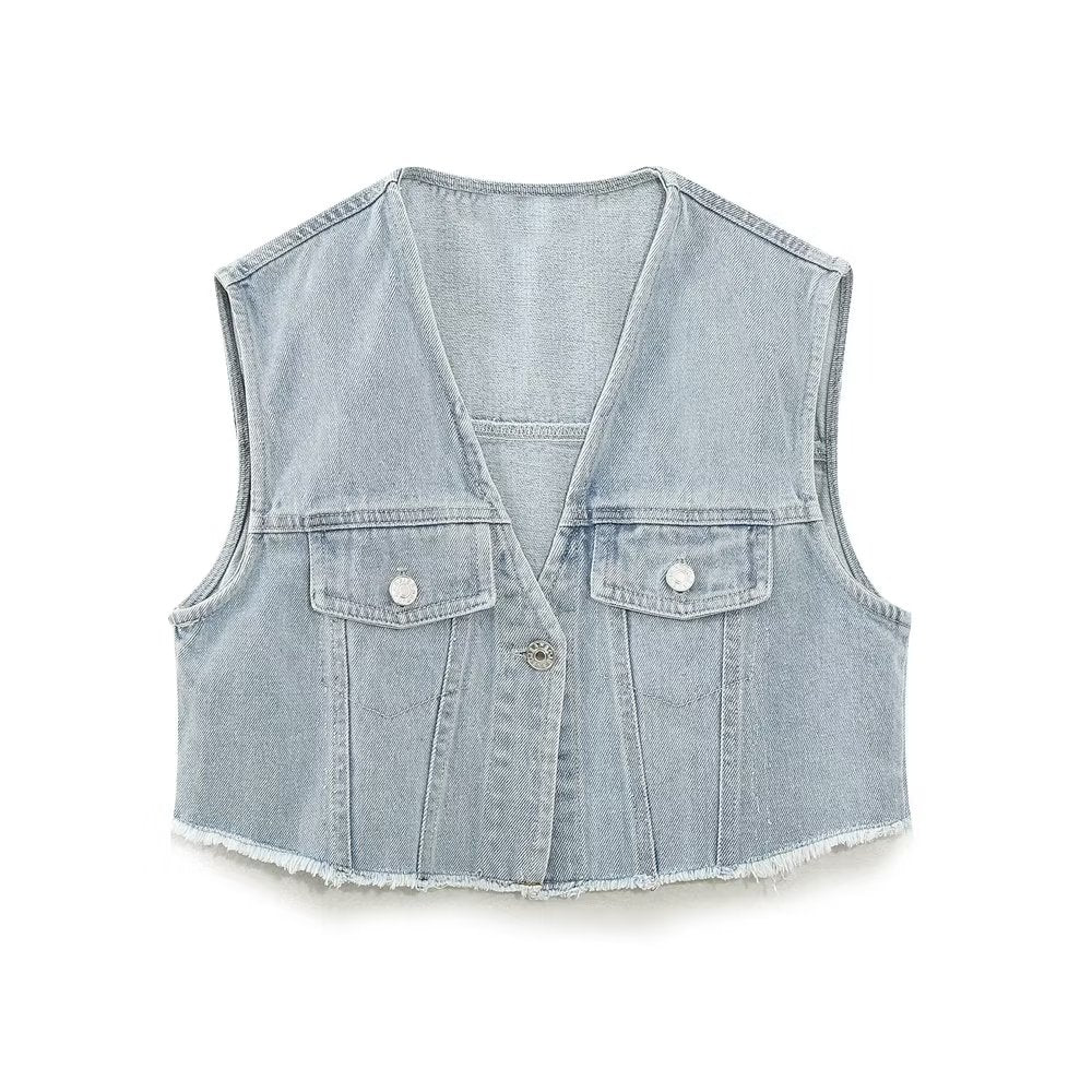 Solid Color Denim Stitching Vest Button Decoration Top Spring Sleeveless Small Pocket Coat