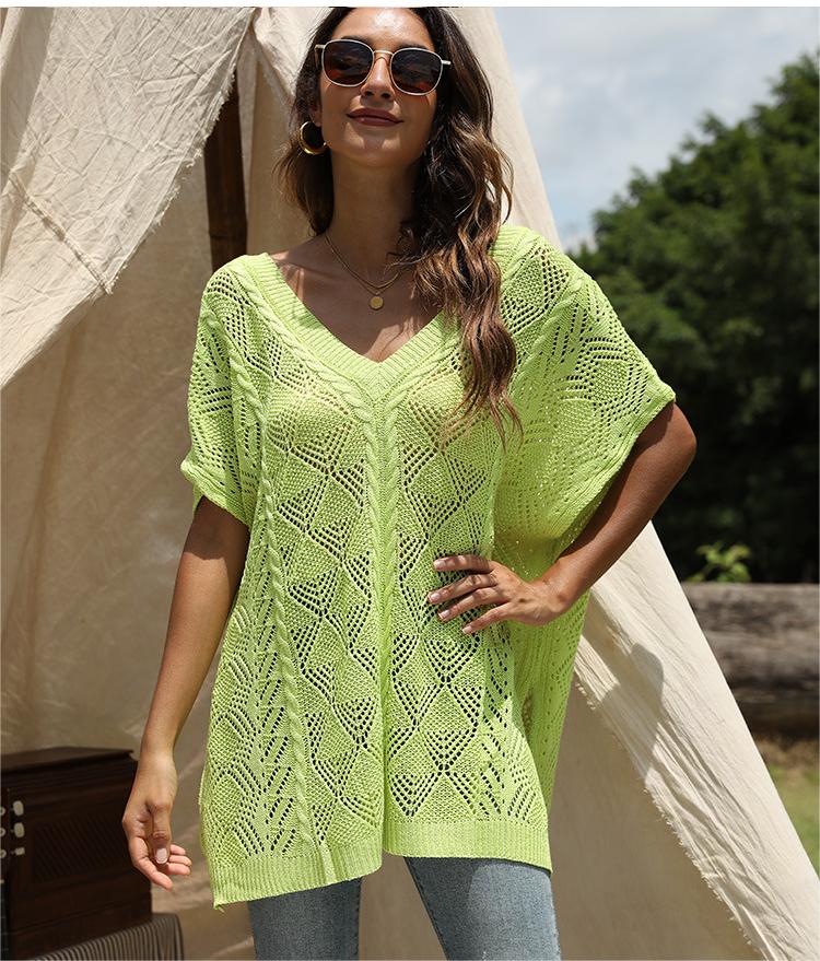 Summer Batwing Sleeve Loose Knitted Blouse Solid Color V Neck Hollow Out Cutout Short Sleeve Knitted Shawl