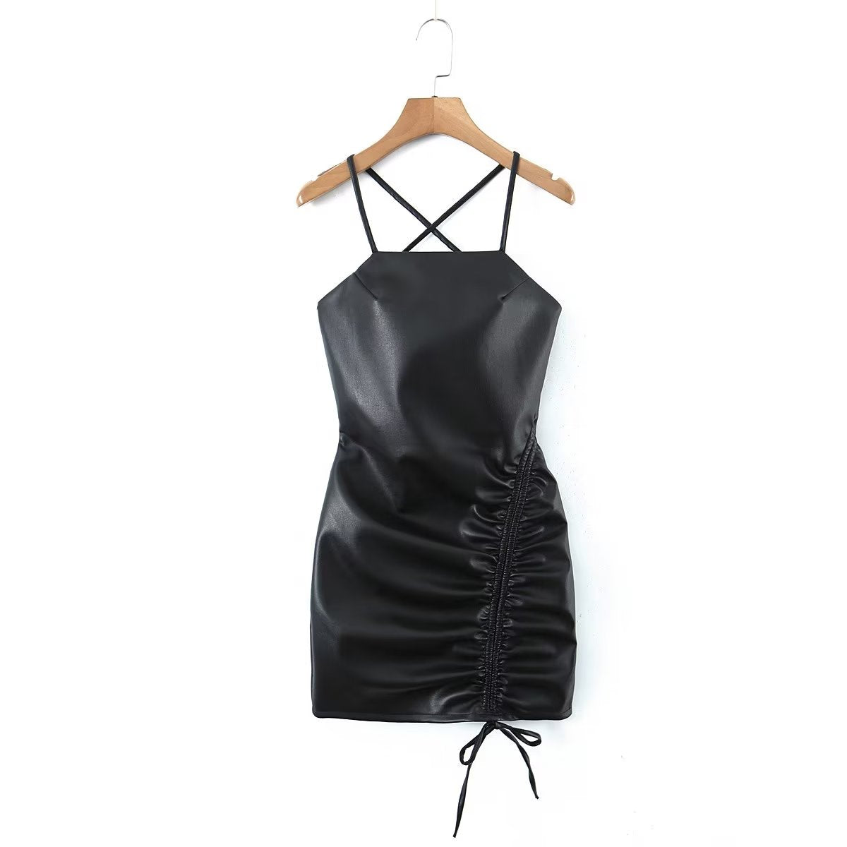 Spring Adult Lady Woman Sexy Side Drawstring Faux Leather Sling Leather Hip Dress