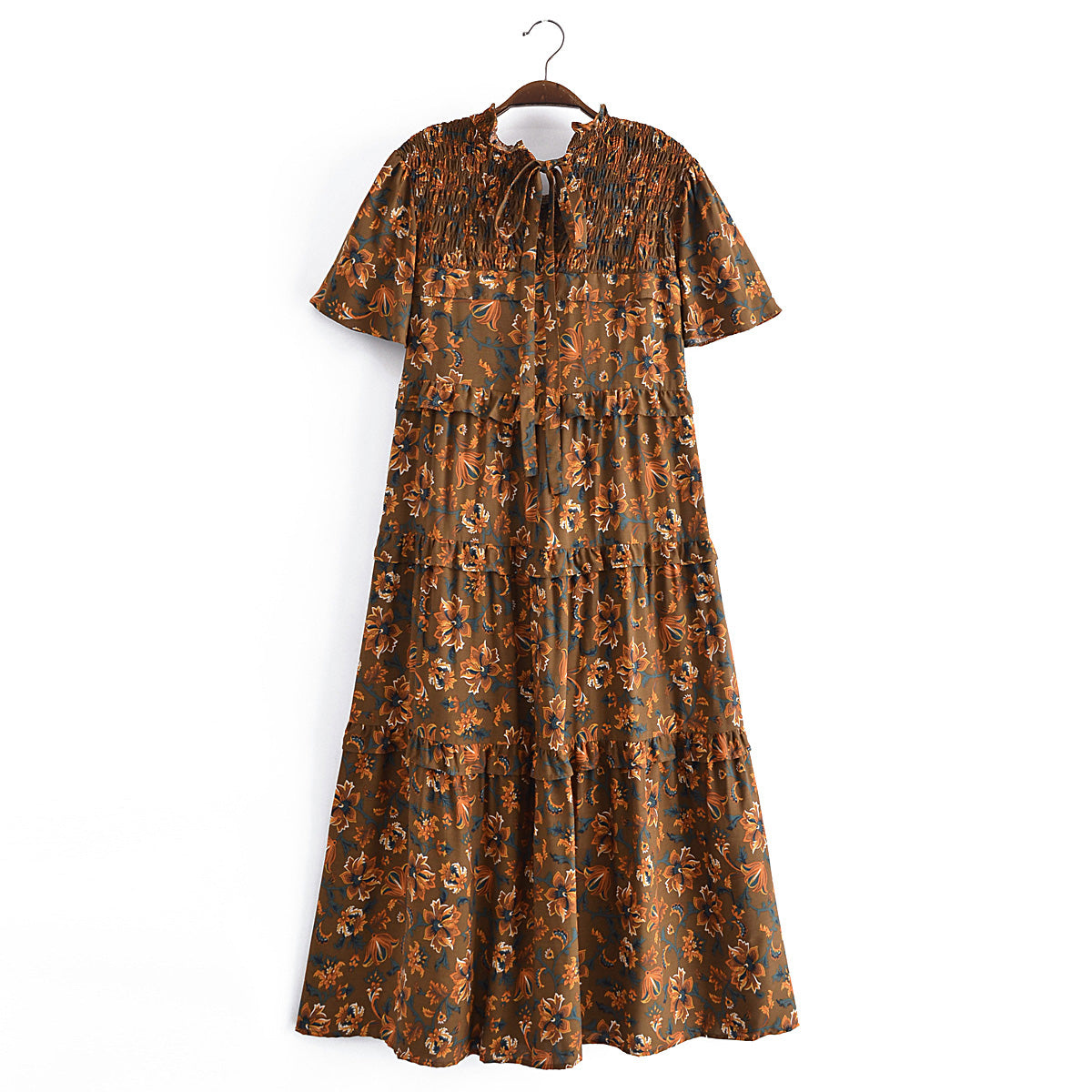 Summer Women Printed Elastic Tiered Dress Short Sleeve Dress Mid Length