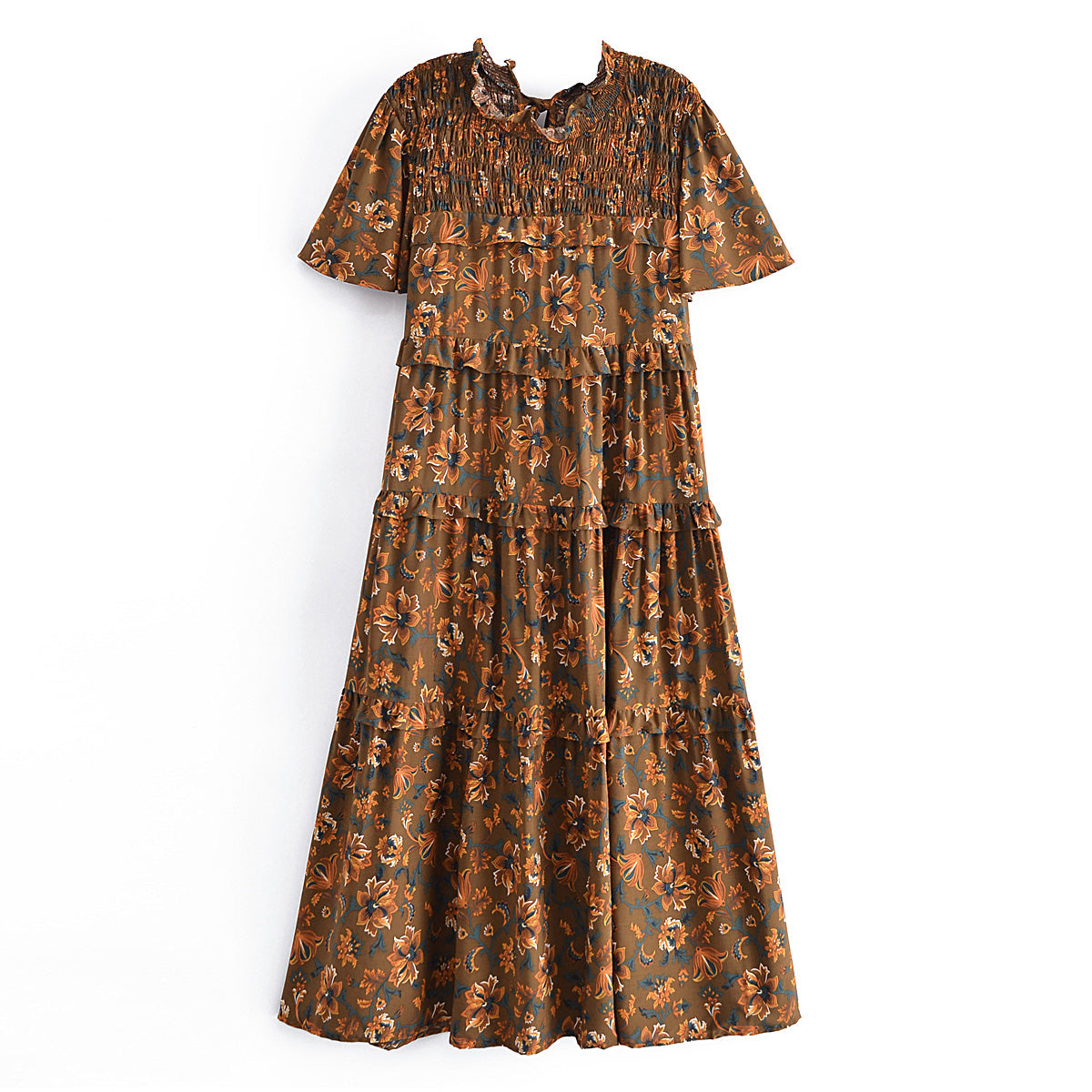 Summer Women Printed Elastic Tiered Dress Short Sleeve Dress Mid Length