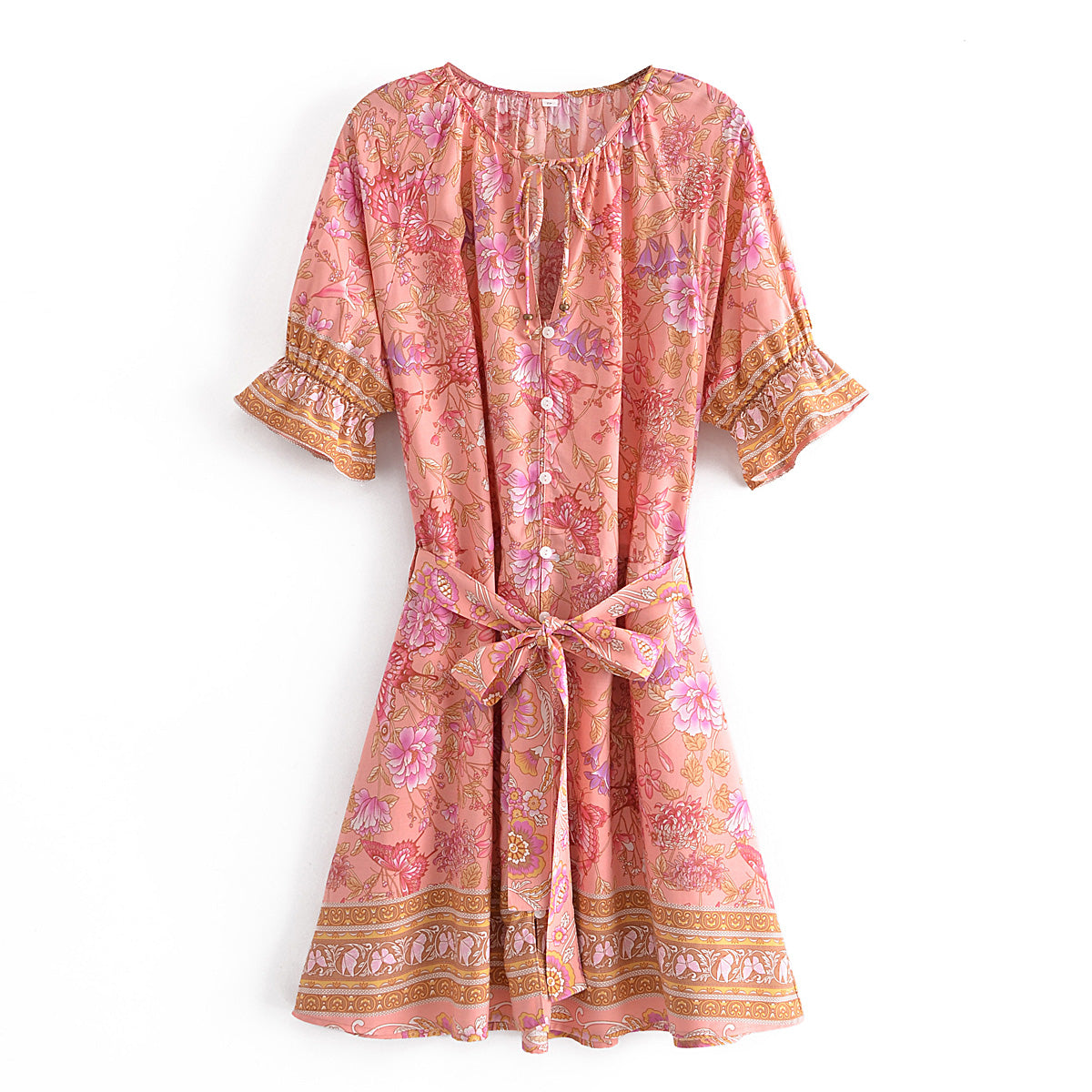 Spring Summer Rayon Positioning Floral Belt Tassel Dress