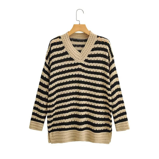 Autumn V neck Hollow Out Cutout Long Sweater Striped Casual Knitted Top