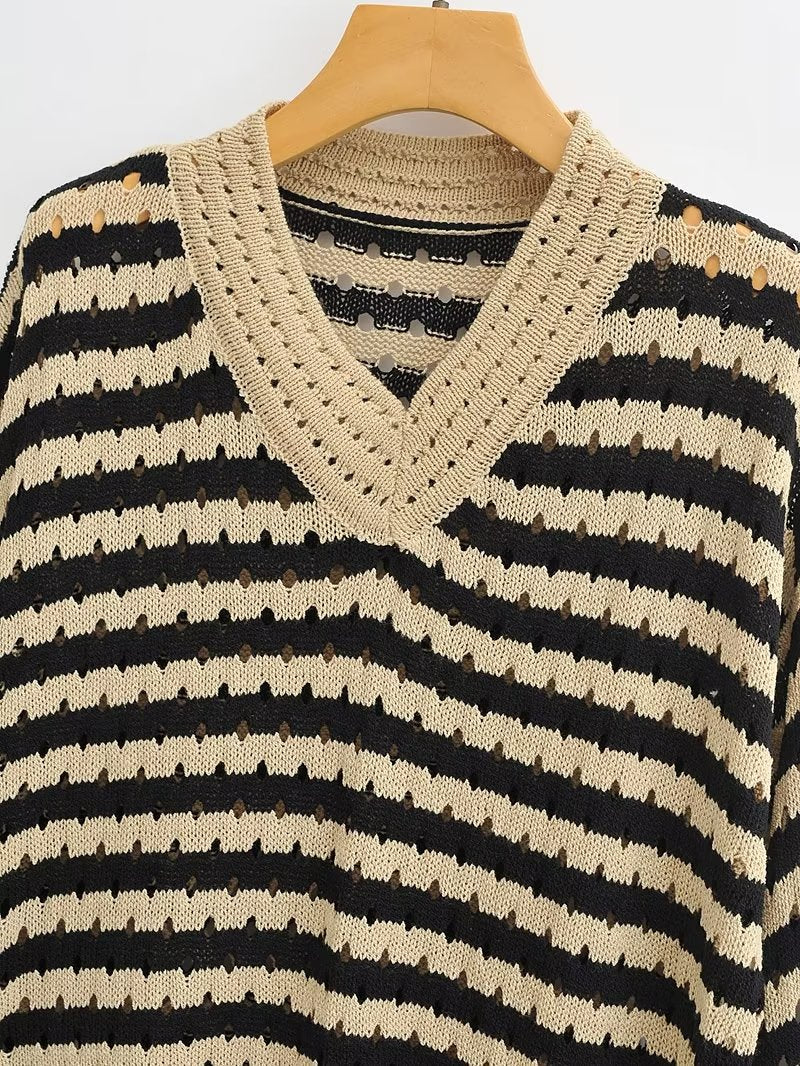 Autumn V neck Hollow Out Cutout Long Sweater Striped Casual Knitted Top