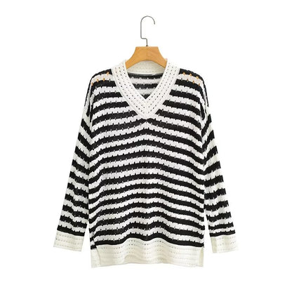 Autumn V neck Hollow Out Cutout Long Sweater Striped Casual Knitted Top