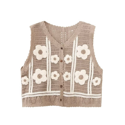 Autumn Winter Hollow Out Cutout Floral Jacquard Single Breasted Vest Women Crocheted Waistcoat Vest